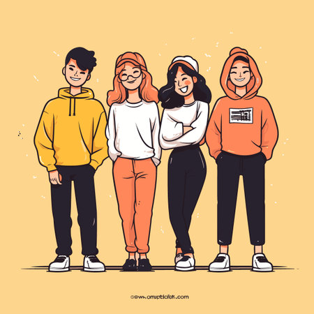 Group of young people in casual clothes. Vector illustration in sketch style.のイラスト素材