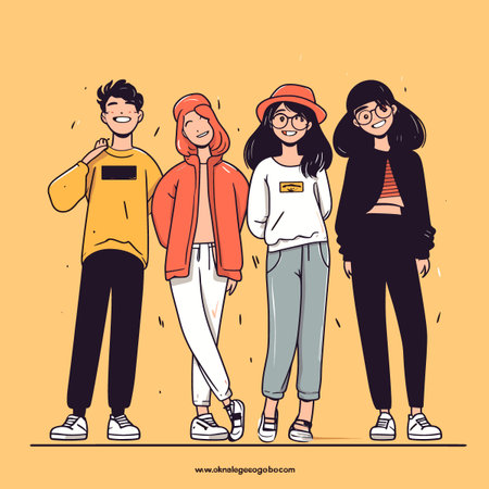 Group of young people in casual clothes. Vector illustration in sketch style.のイラスト素材