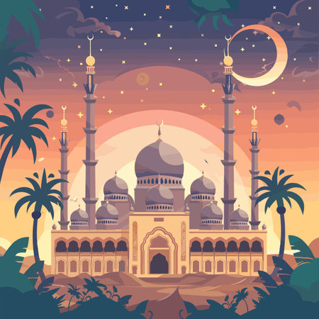 Mosque at night. Vector illustration in flat style. Ramadan Kareem.のイラスト素材