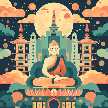 Buddha meditating in lotus position. Vector illustration in flat styleのイラスト素材