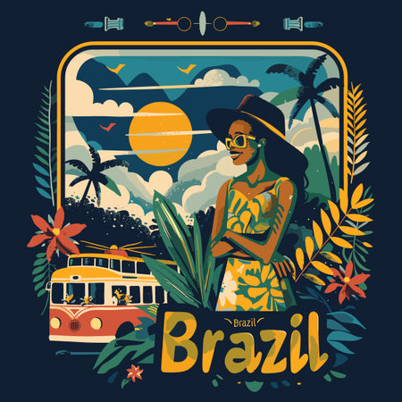 Vintage travel poster with girl on the background of the sea, palm trees and retro bus.のイラスト素材