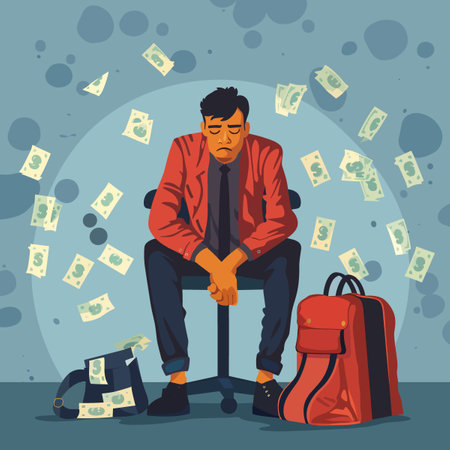 Businessman sitting on a chair with briefcase and money. Vector illustrationのイラスト素材