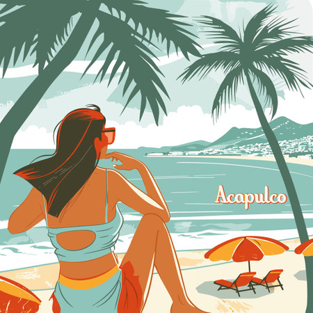 Beautiful woman on the beach. Vector illustration in retro style.のイラスト素材