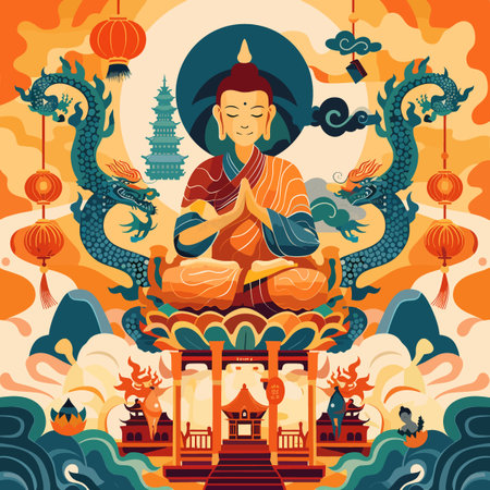 Buddha in Chinese temple. Vector illustration in flat styleのイラスト素材