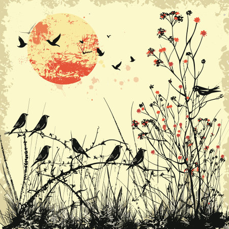 Vintage background with flowers, birds and sun. Vector illustration.のイラスト素材