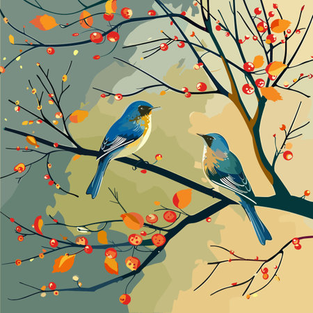 birds sitting on a branch in the autumn forest. vector illustration.のイラスト素材