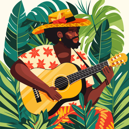 African American man in sombrero playing guitar. Flat vector illustration.のイラスト素材