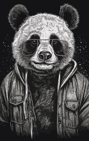 Portrait of panda bear with glasses. Hand drawn illustration.のイラスト素材