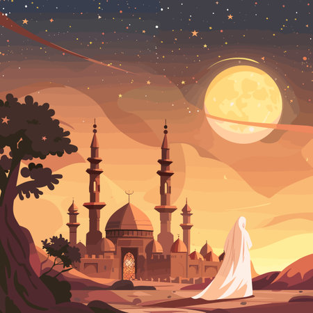 Illustration of Ramadan Kareem background with mosque and Muslim womanのイラスト素材