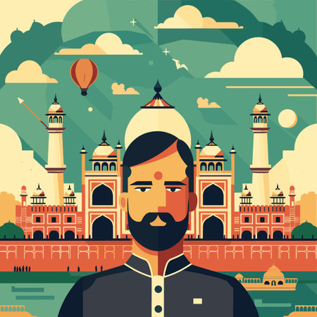 Indian man on the background of Taj Mahal. Vector illustration.のイラスト素材