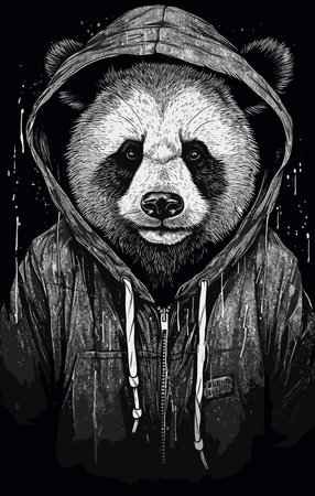 Portrait of panda bear wearing winter jacket. Hand drawn illustration.のイラスト素材