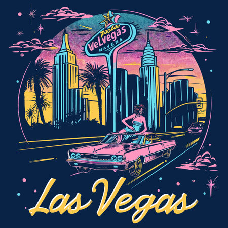 Retro cabriolet on Las Vegas strip. Vector illustrationのイラスト素材
