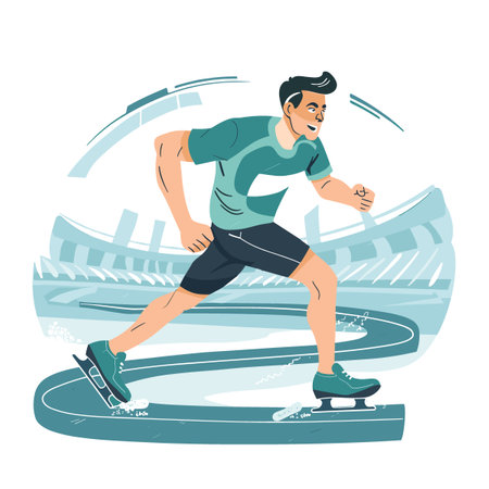 A man is running on a track with a skateboard. He is smiling and he is enjoying himselfのイラスト素材