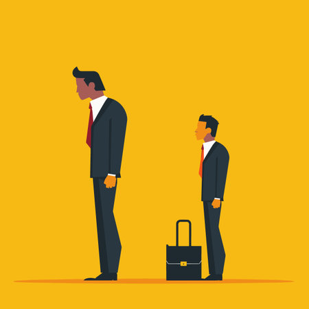Two men in suits are standing next to each other, one of them holding a briefcase. The man with the briefcase is taller than the other man, and he looks like he's trying to assert his dominanceのイラスト素材