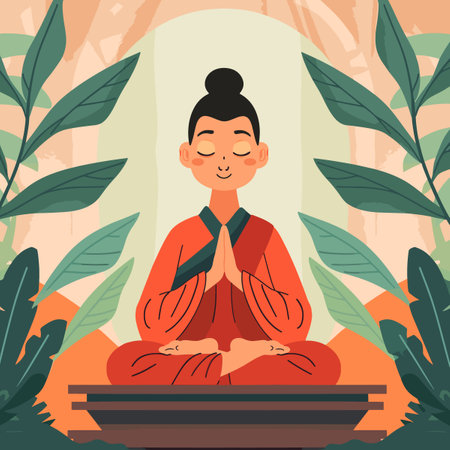 Young woman meditating in lotus position. Vector illustration in flat styleのイラスト素材