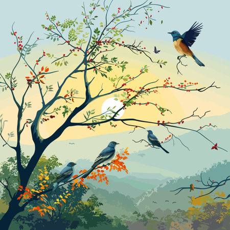 Autumn landscape with birds on the branches of a tree. Vector illustration.のイラスト素材