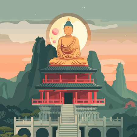 Buddhist temple in the mountains. Vector illustration in flat styleのイラスト素材