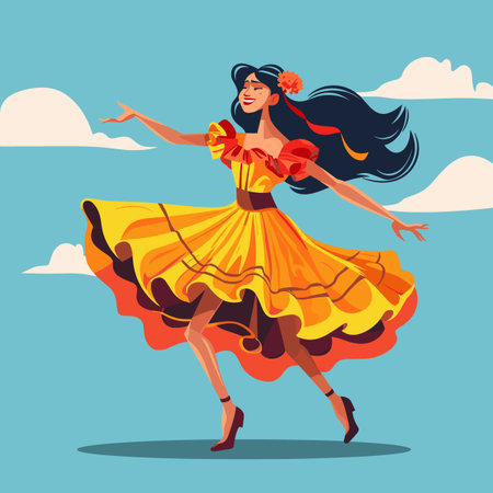 Beautiful woman dancing flamenco in colorful dress. Vector illustrationのイラスト素材