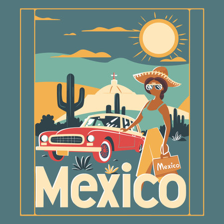 Mexican woman with sombrero and car. Vector illustration in flat styleのイラスト素材