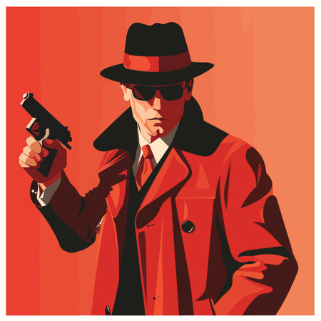 Man in a red coat with a gun. Vector illustration in retro styleのイラスト素材