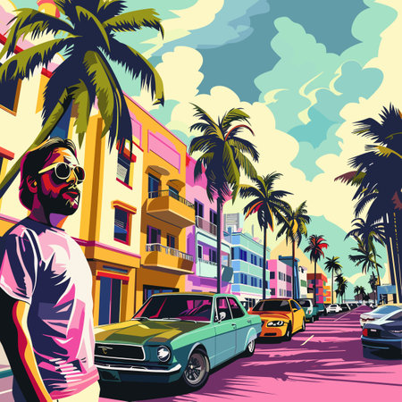 Retro american man on the city street. Vector illustration.のイラスト素材