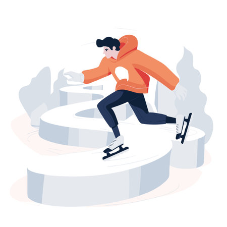 A man in a yellow jacket is skating on ice. He is wearing a hat and gloves. The scene is set in a snowy environmentのイラスト素材