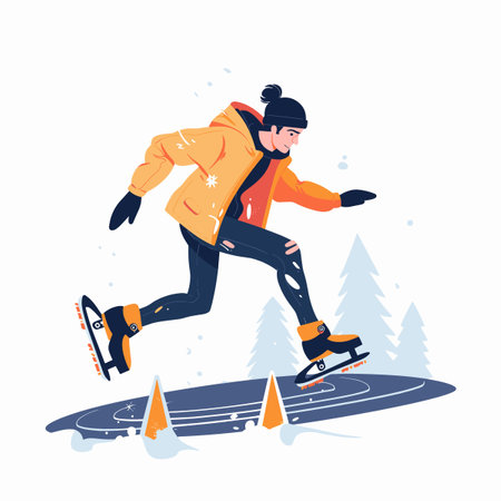 A man in a yellow jacket is skating on ice. He is wearing a hat and gloves. The scene is set in a snowy environmentのイラスト素材