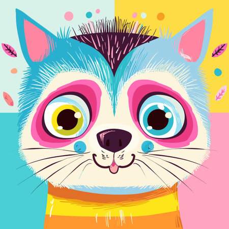Cute cartoon cat with big eyes on colorful background. Vector illustration.のイラスト素材