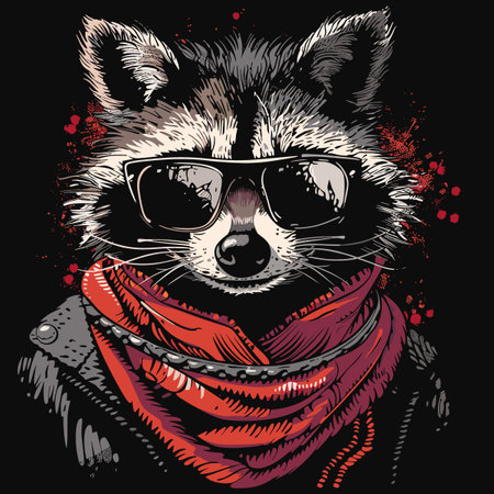 Raccoon in sunglasses and scarf. Vector hand drawn illustration.のイラスト素材
