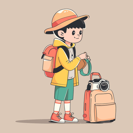 Cute boy with backpack and camera. Vector illustration in cartoon styleのイラスト素材