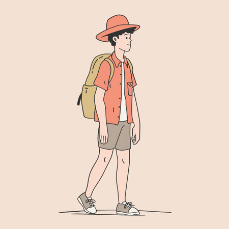 Young man with a backpack and a hat. Vector illustration in sketch style.のイラスト素材