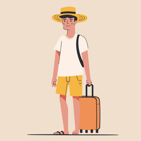 Tourist man with a suitcase. Vector illustration in flat style.のイラスト素材