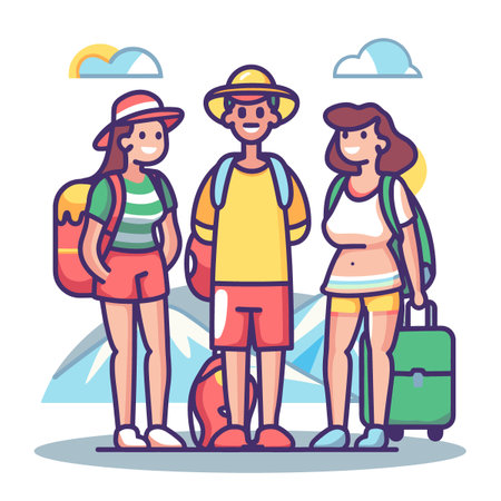 Group of tourists with backpacks. Vector illustration in cartoon style.のイラスト素材