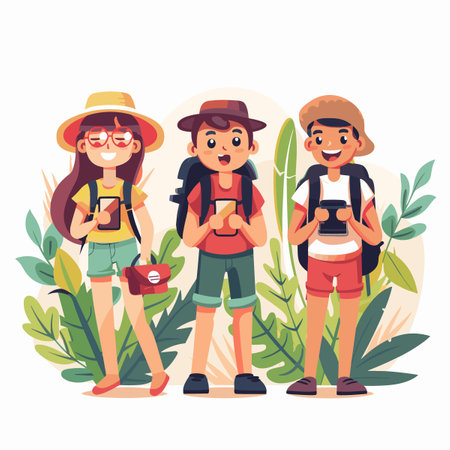 Group of happy tourists with backpacks and backpacks. Cute cartoon vector illustration.のイラスト素材