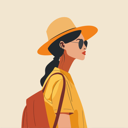 Young woman in a hat and sunglasses with a backpack. Vector illustrationのイラスト素材
