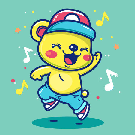 Cute cartoon bear dancing and listening to music. Vector illustration.のイラスト素材