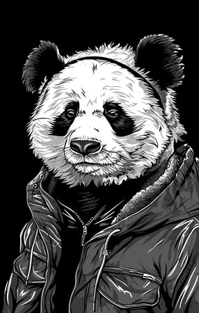 Panda in a leather jacket. Black and white vector illustration.のイラスト素材