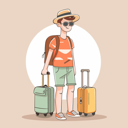 Tourist with suitcases. Vector illustration in cartoon style on white background.のイラスト素材