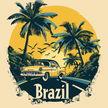 Vintage retro car on the road with palm trees, vector illustrationのイラスト素材