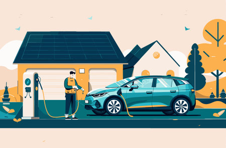 Electric car charging station. Electric vehicle refueling. Flat vector illustrationのイラスト素材