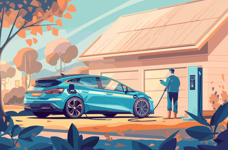 Electric car charging station. Electric vehicle charging station in flat style vector illustrationのイラスト素材