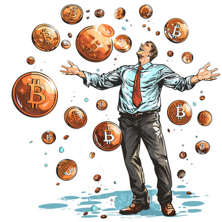 Vector hand drawn illustration of a businessman juggling bitcoins. Business concept.のイラスト素材