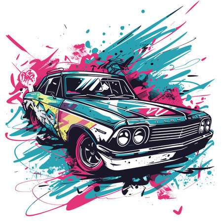Vector illustration of a retro car on a grunge background with splashesのイラスト素材