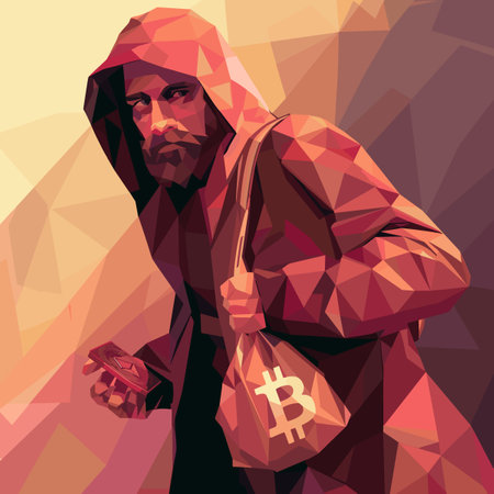 Man with a beard in a hood holds a bitcoin in his handsのイラスト素材
