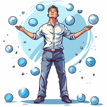 Vector illustration of a young man juggling with soap bubbles in cartoon style.のイラスト素材