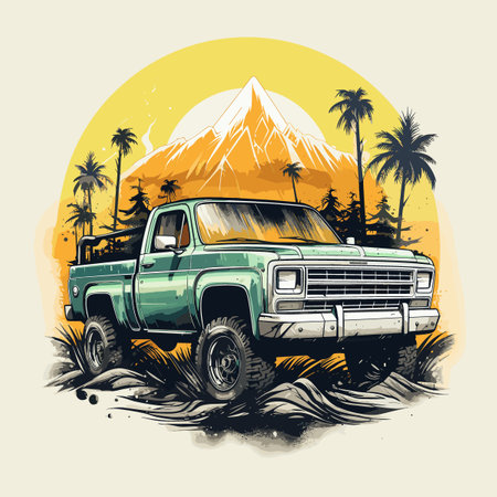 Truck on the background of the mountains and palm trees. Vector illustrationのイラスト素材