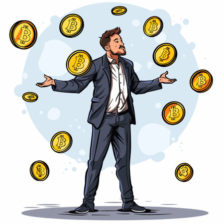 Vector illustration of a man with a beard standing in front of a lot of coins.のイラスト素材