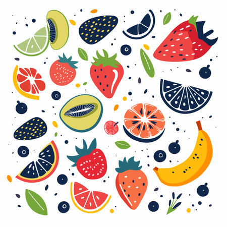 Fruit and berry pattern. Vector illustration in flat style.のイラスト素材