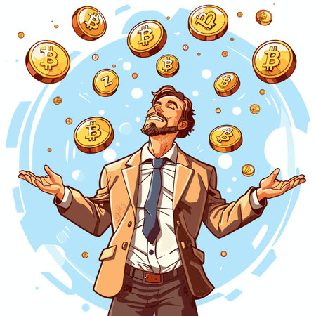Vector illustration of a successful businessman in a suit and tie with golden coins falling around him.のイラスト素材