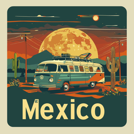 Vintage poster with camper van and cactus. Vector illustrationのイラスト素材
